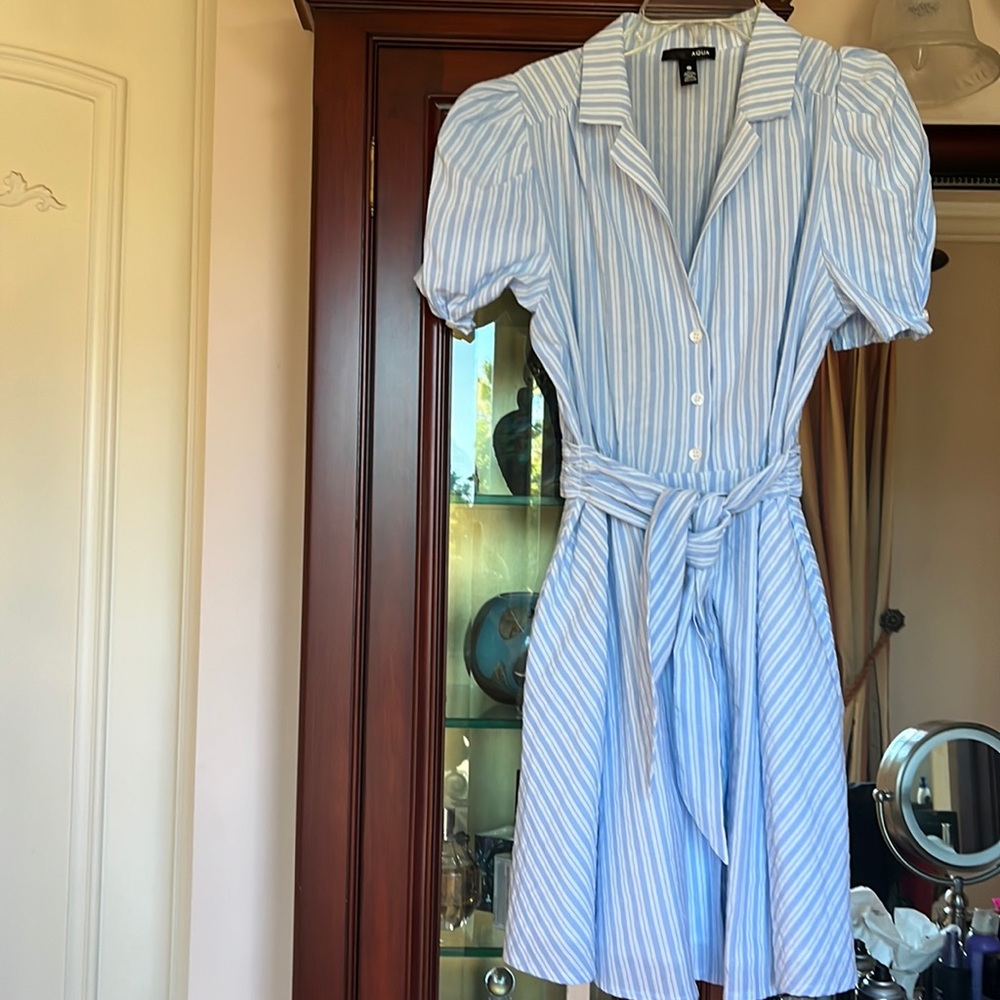 Aqua summer dress in blue pinstripes